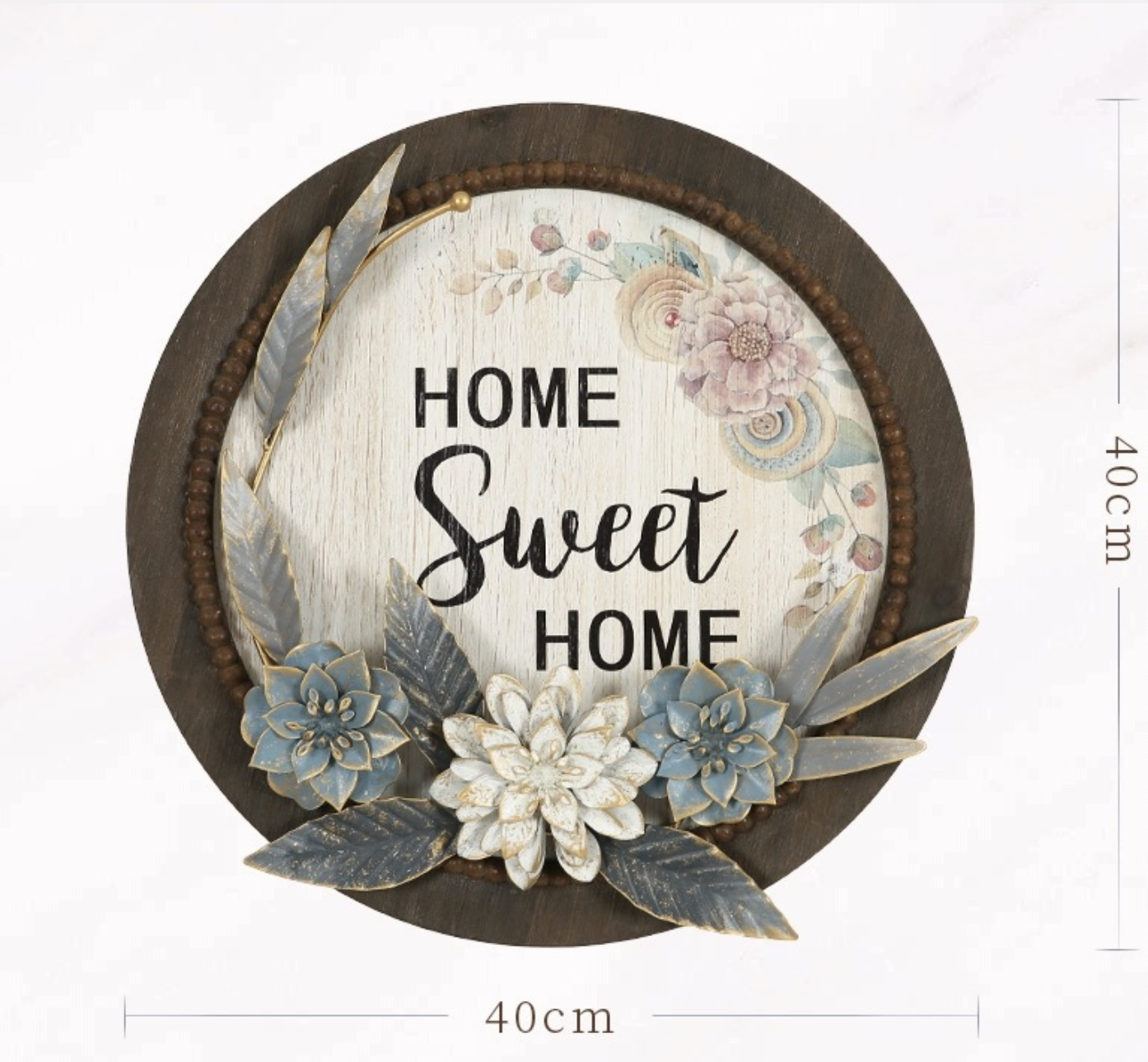 Wooden and iron hand painted watercolor round plaque with floral wreath wall decoration in country and antique style for Home