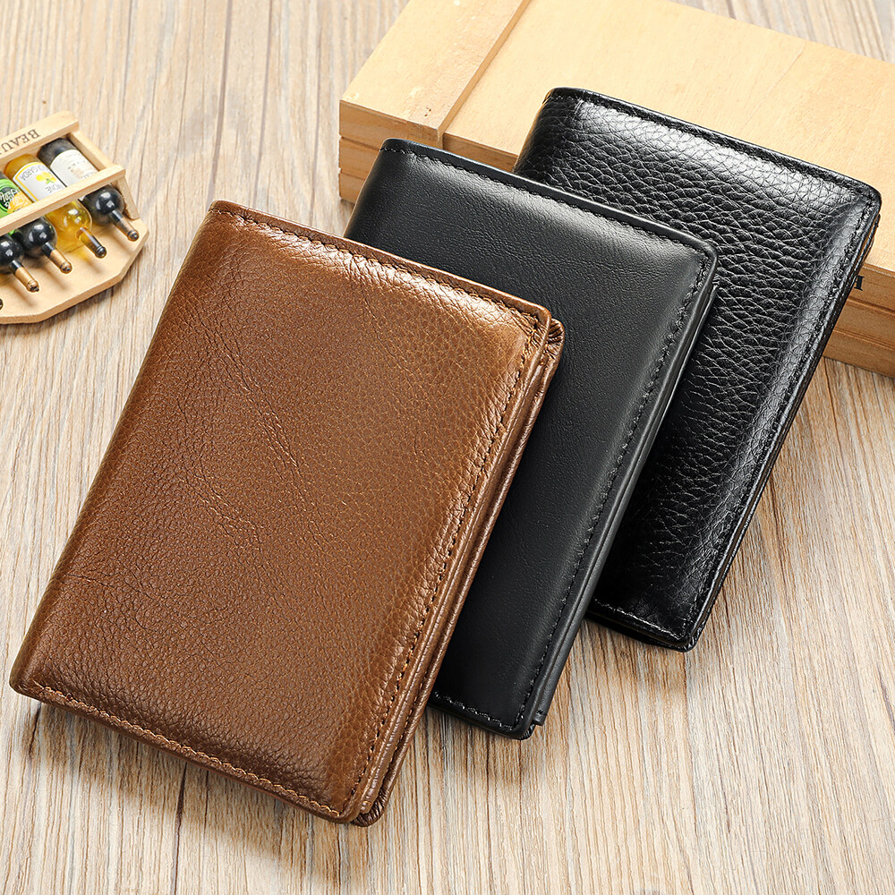 NIUCUNZH Men Anti-theft Leather Money Clips Wallet With ID Window Zipper Coin Pocket RFID Wallet Genuine Leather Wallet for Men