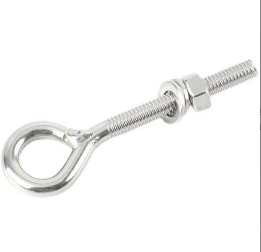 Stainless steel welded eye bolts with washer and nut.