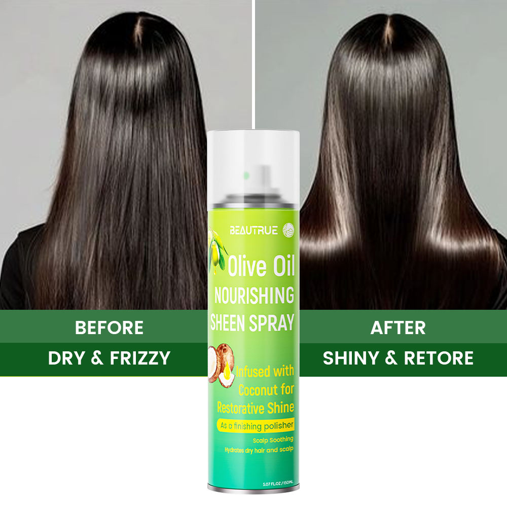 YOUR LOGO Olive Oil Nourshing Sheen Spray Infused with Coconut for Restorative Shine Glossy Hair Treatment & Weightless