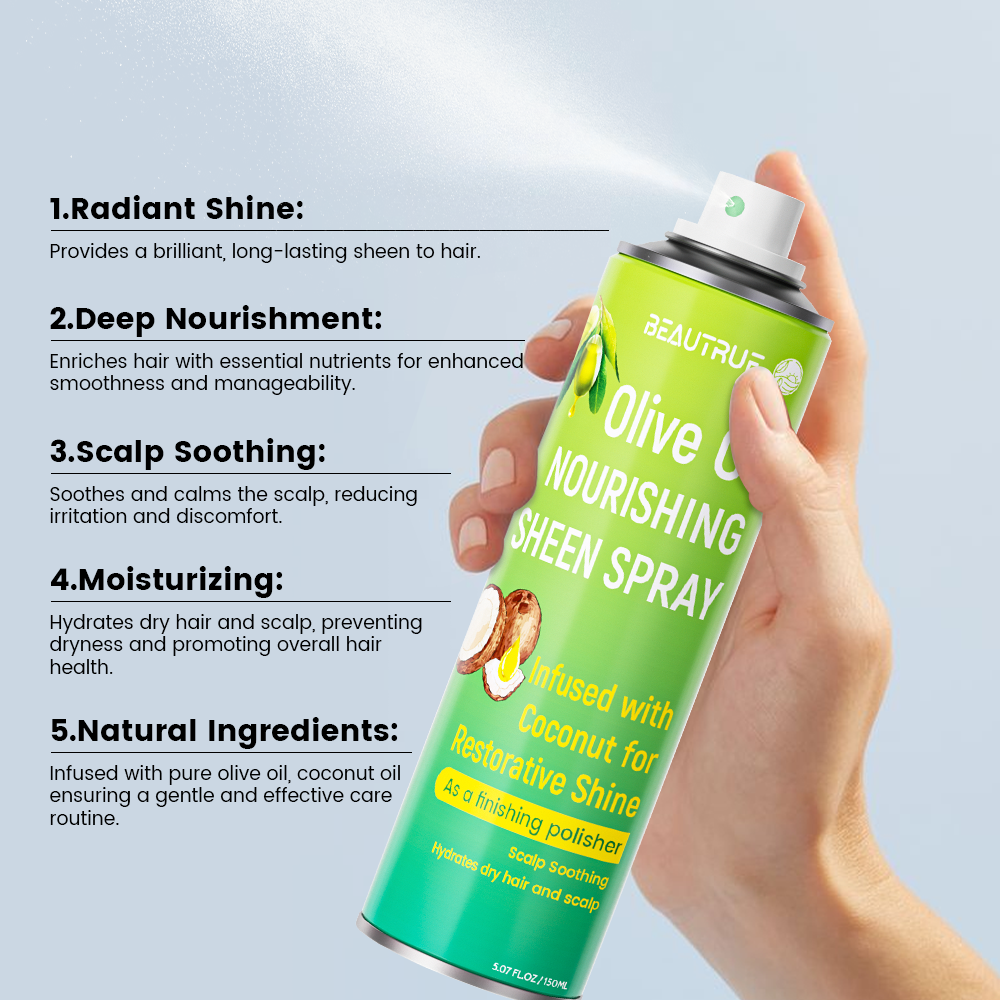 sheen spray;hair spray;hair care spray;nourshing hair spray;olive oil spray;olive oil hair spray;