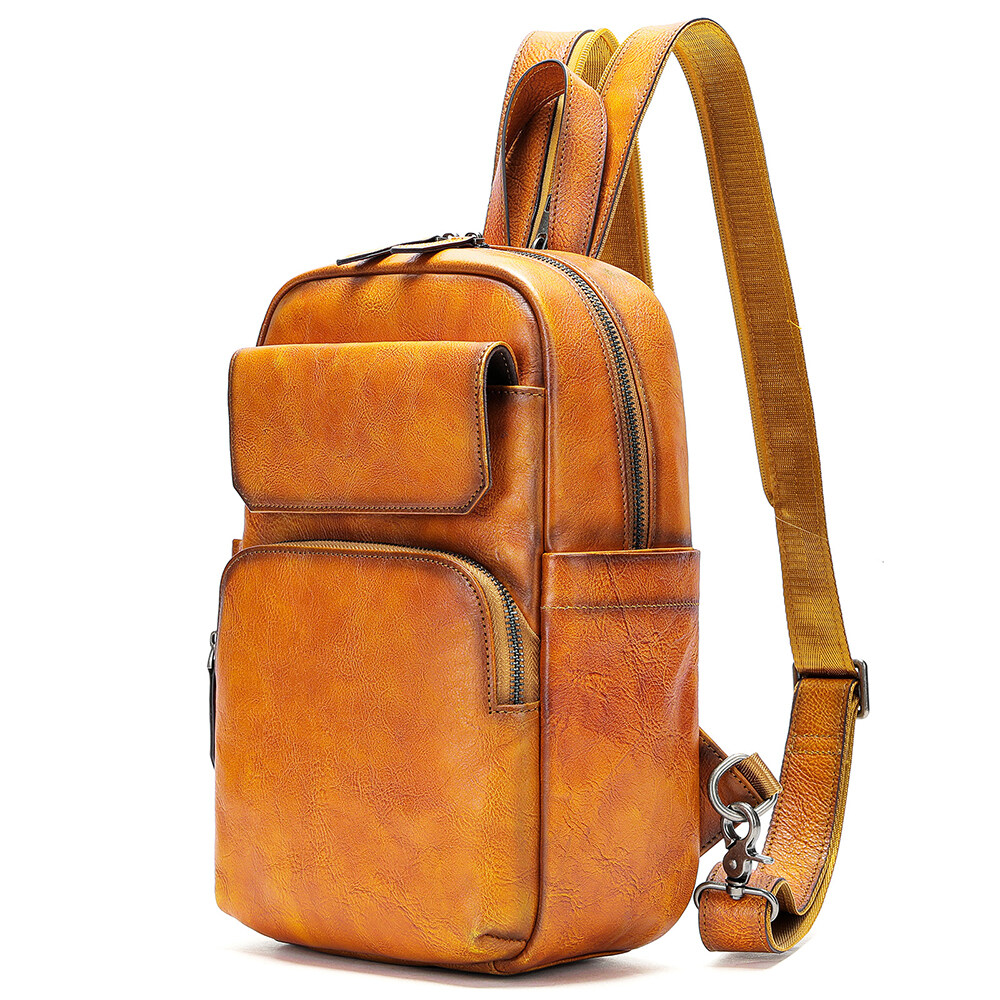 NIUCUNZH Vintage Leather Men Crossbody Chest Bag Small Leather Shoulder Backpack Genuine Leather Sling Bag for Men Chest Bag