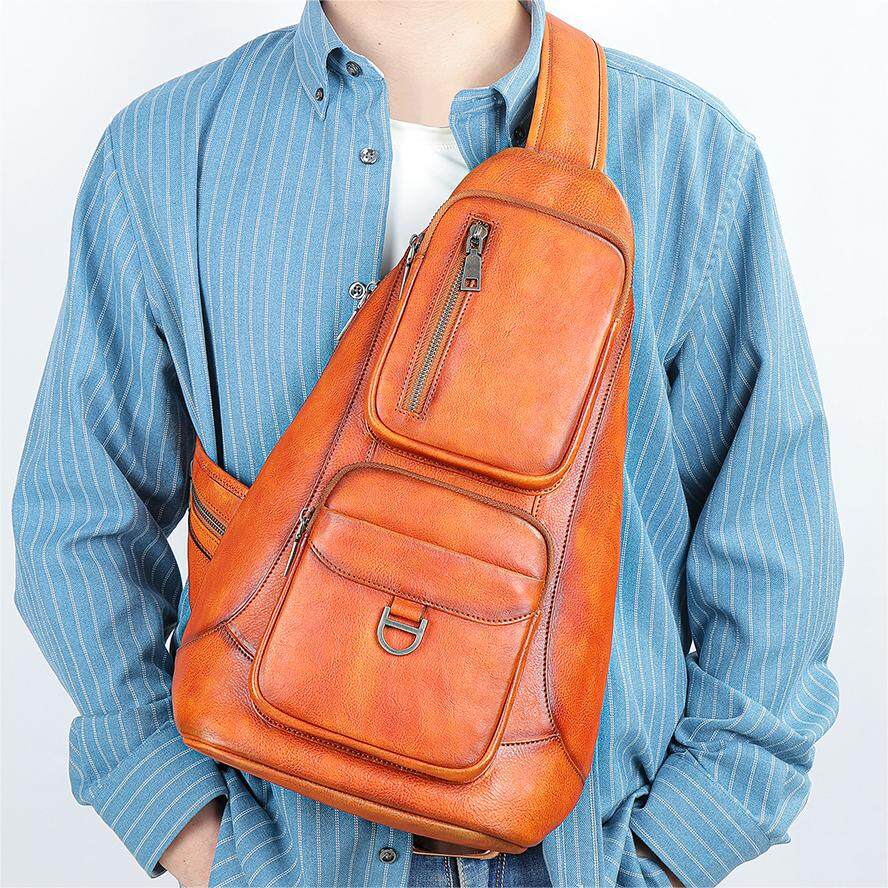 NIUCUNZH Vintage Handmade Chest Bag Shoulder Crossbody Hiking Daypack Genuine Leather Sling Bag Men Chest Bag