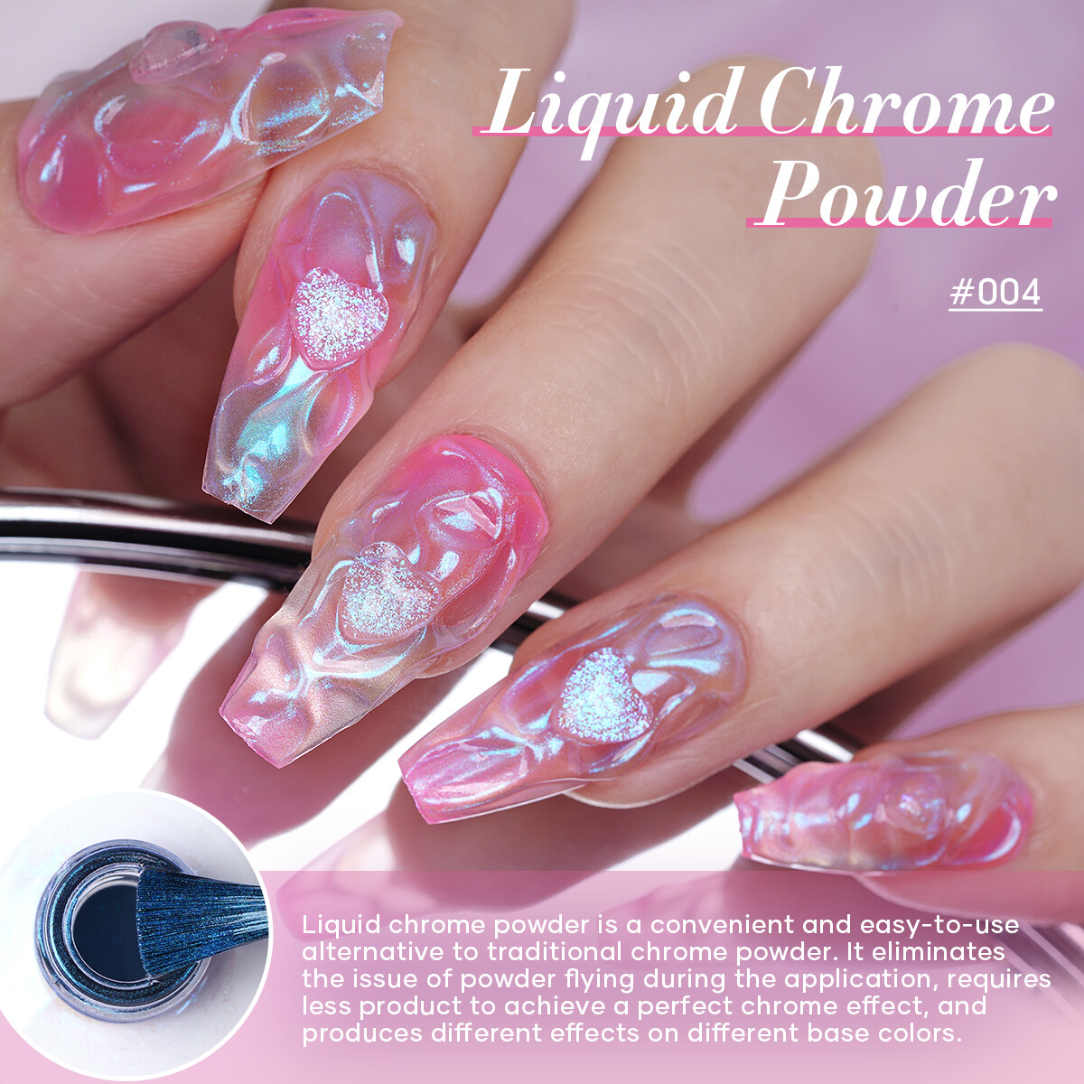 Liquid chrome, liquid chrome nails, liquid chrome powder, liquid chrome nail powder, chrome nail polish, mirror chrome nail polish, liquid mirror nail polish, chrome nails, silver liquid chrome, pink chrome nails, gold chrome nails, liquid chrome dust for nails, red chrome nails, chrome effect nails, chrome manicure, green chrome nails