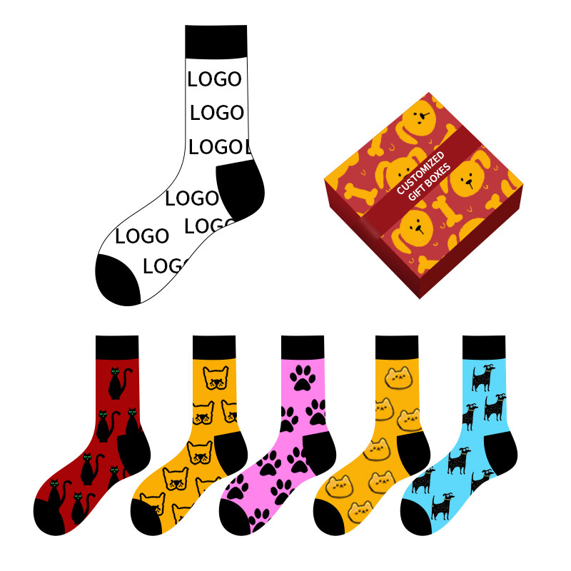 Customizable women's cotton mid-tube socks fun crazy colorful pet series gift with logo casual antibacterial function