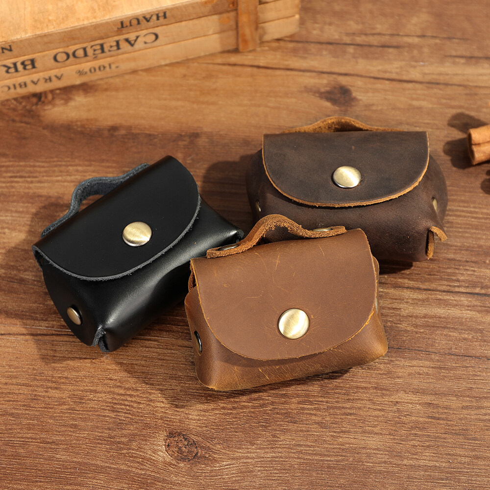 NIUCUNZH Vintage Crazy Horse Genuine Leather Headphone Bag Small Coin Purse Women Leather Earphone Case Men