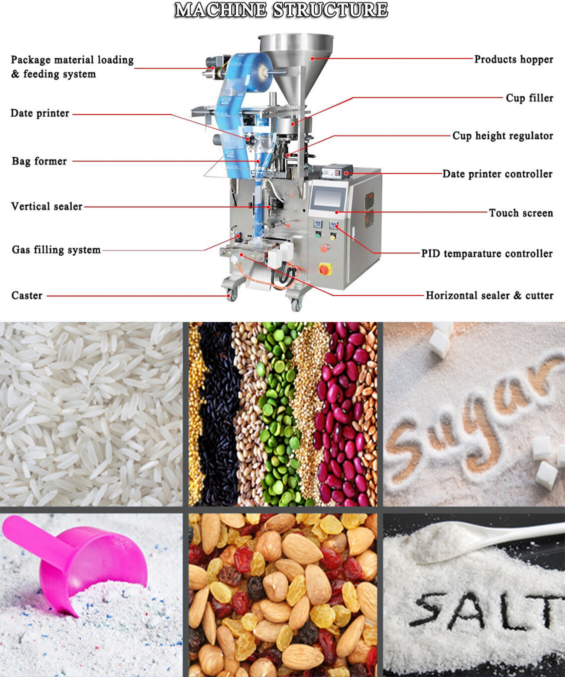 Fruit sec; granules; arrière-scel; machine d'emballage à grande vitesse; machine d'emballage