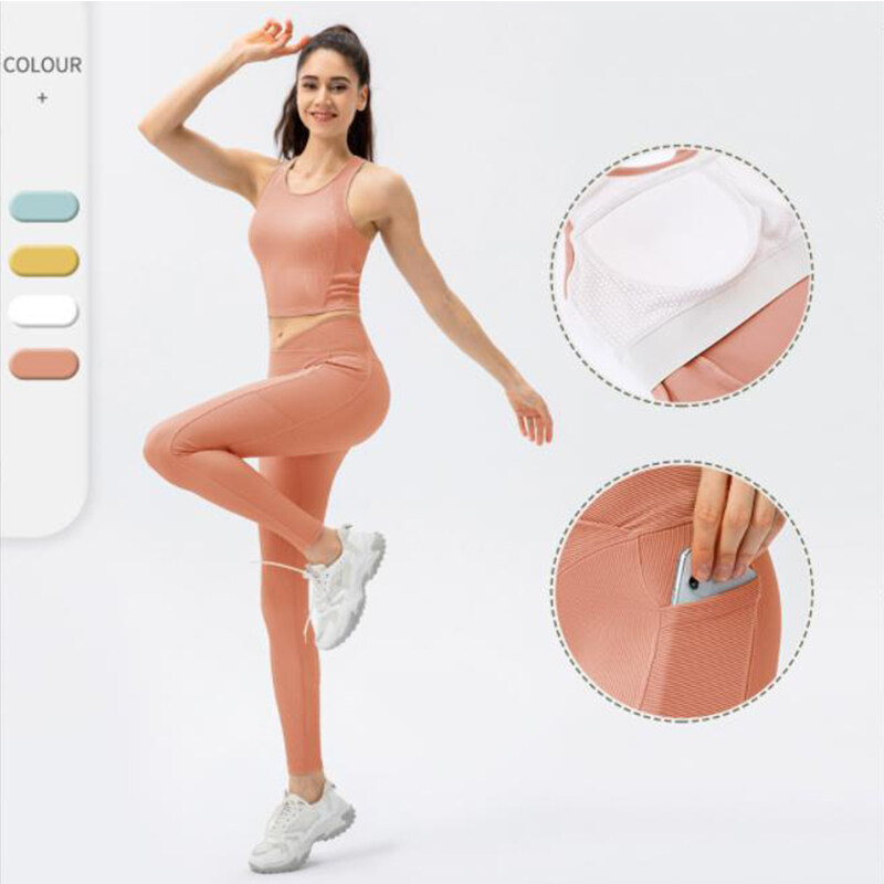 Combination SET:U Neck Molded Cup Rib Sport Bra Race Back Croppec+Crossover PocketPlain Leggings