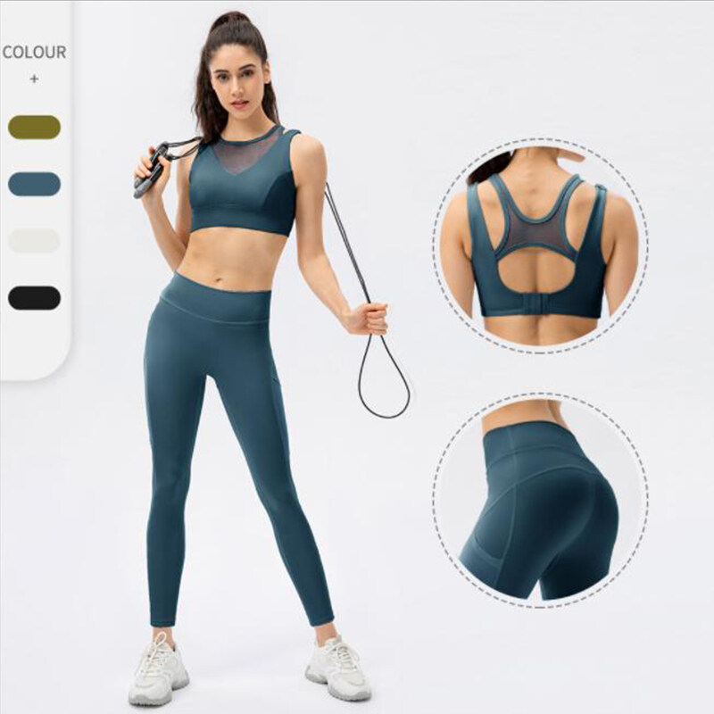 Combination SET:Adjustable Hook Training Sports Bra +High Waisted Tummy Control Mesh Side PocketShaping Training Leggings