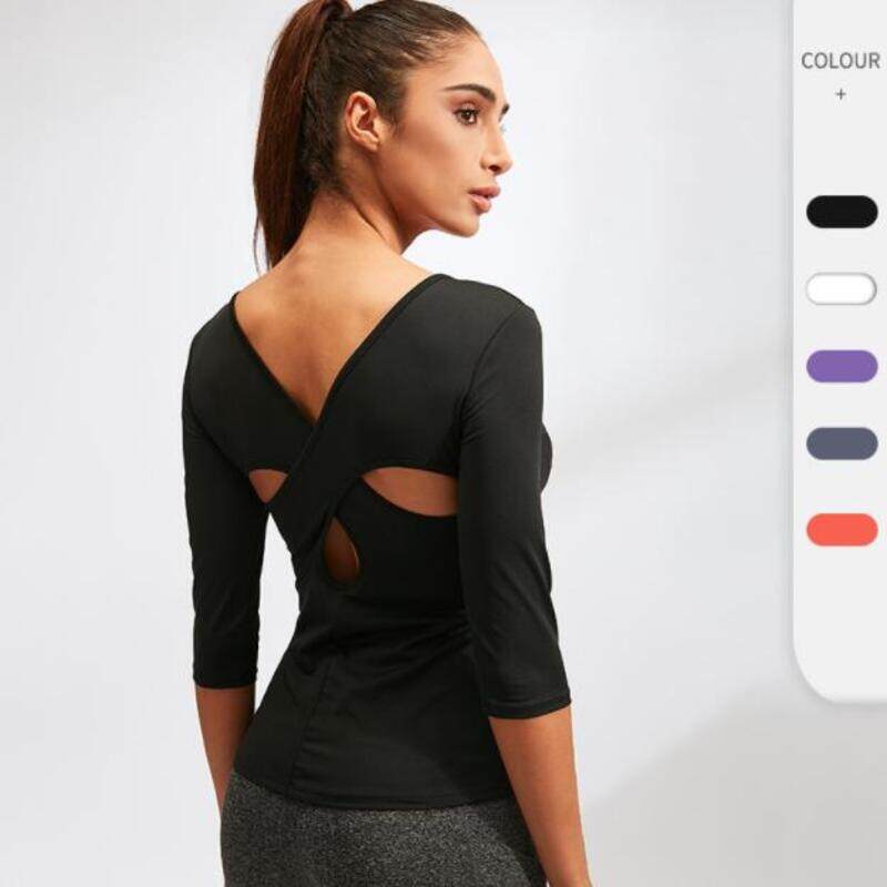 Round Neck Cut Out Half Sleeve Curved Hem Cropped Casual Sports Top