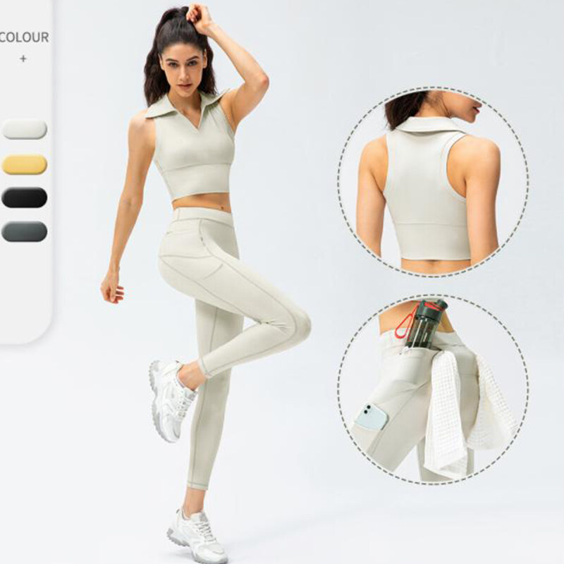 Combination SET:Airy Collared Racerback Cool Touch Cropped Tennis Tank+High WaistedBack Detail Side Pocket Workout Legging