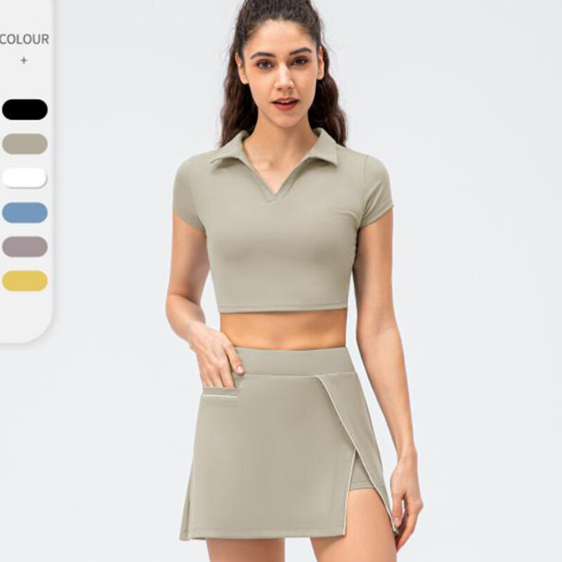 Combination SET:Airy Collared Cool Touch Short Sleeve Cropped Tennis Tank+Airy Side Cut 2-in-1 Side Pocket Cool Touch Tennis