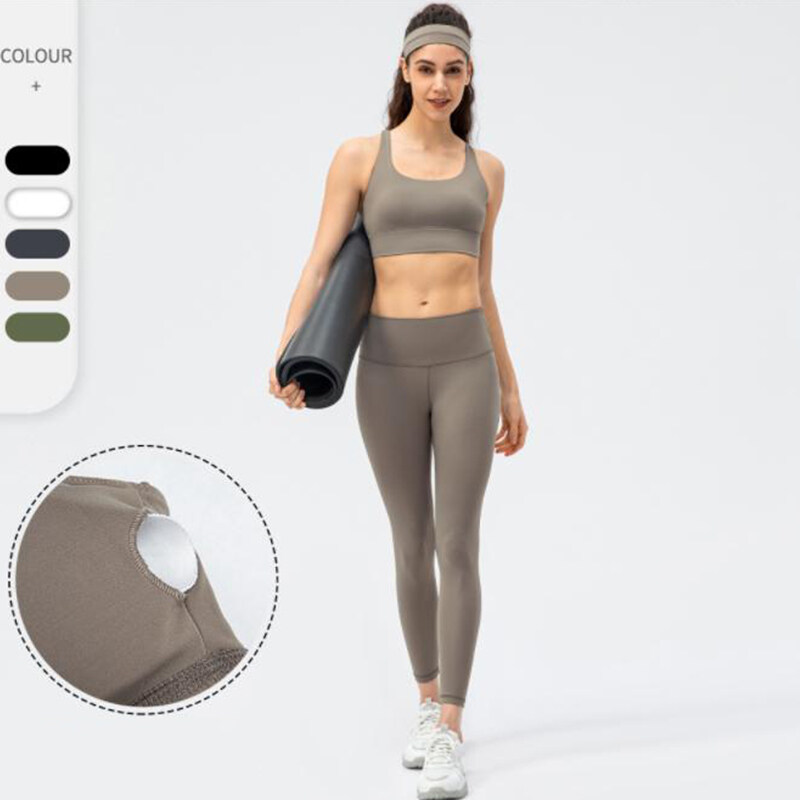 Combination SET:Backless Crisscross Yoga Sports Bra U Neck Top+High Waisted Hidden Pocket Solid Yoga 718 Leggings