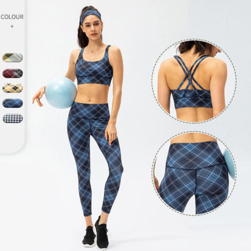 Combination SET:Grid print Flow Low Support Backless Crisscross Yoga Sports Bra+Grid print yogaLegging