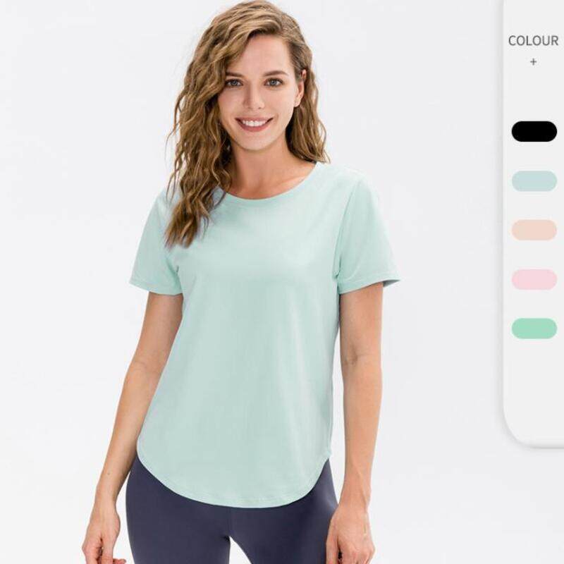 Round Neck Short Sleeve Curve Hem Sport Top