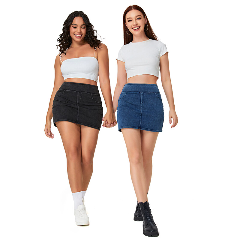 High Waisted Back Pocket Stretchy Knit Denim Bodycon Mini Casual Skirt