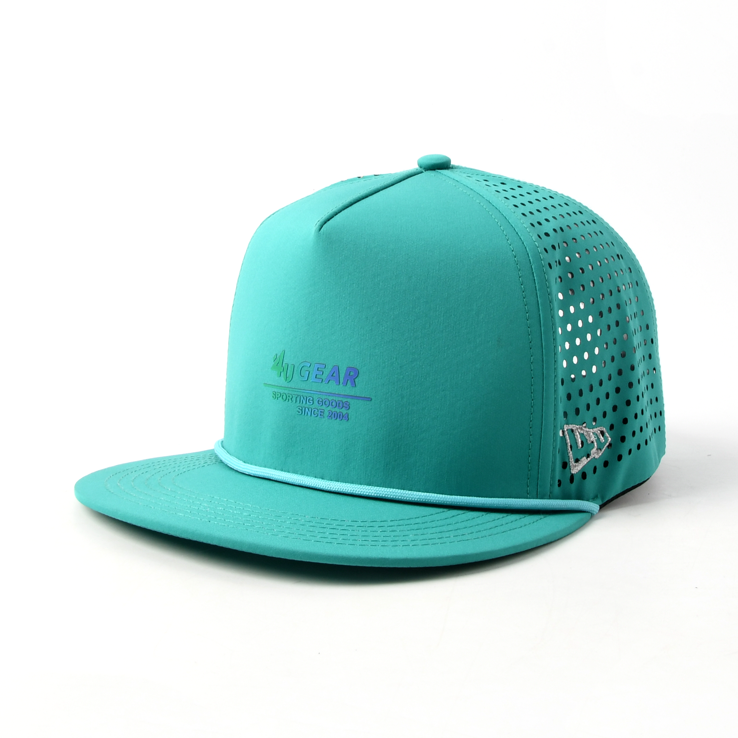 High Quality Customized Professional 58cm 5 Panel Light Blue Two Tone Structured PVC Logo Laser Drilling Back Snapback Caps