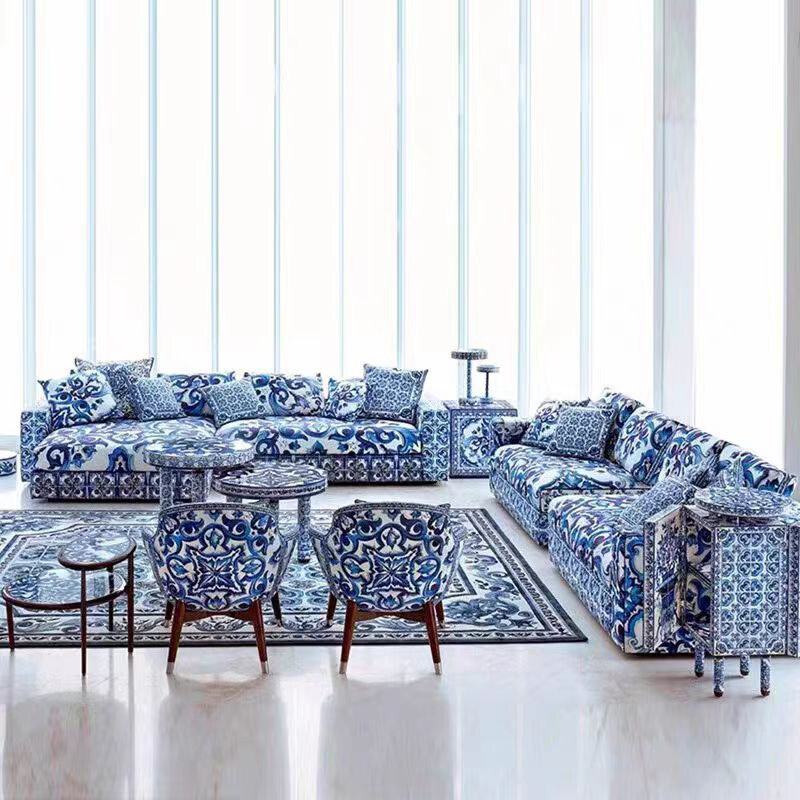 Italian light luxury blue and white porcelain fabric luxury three sofa