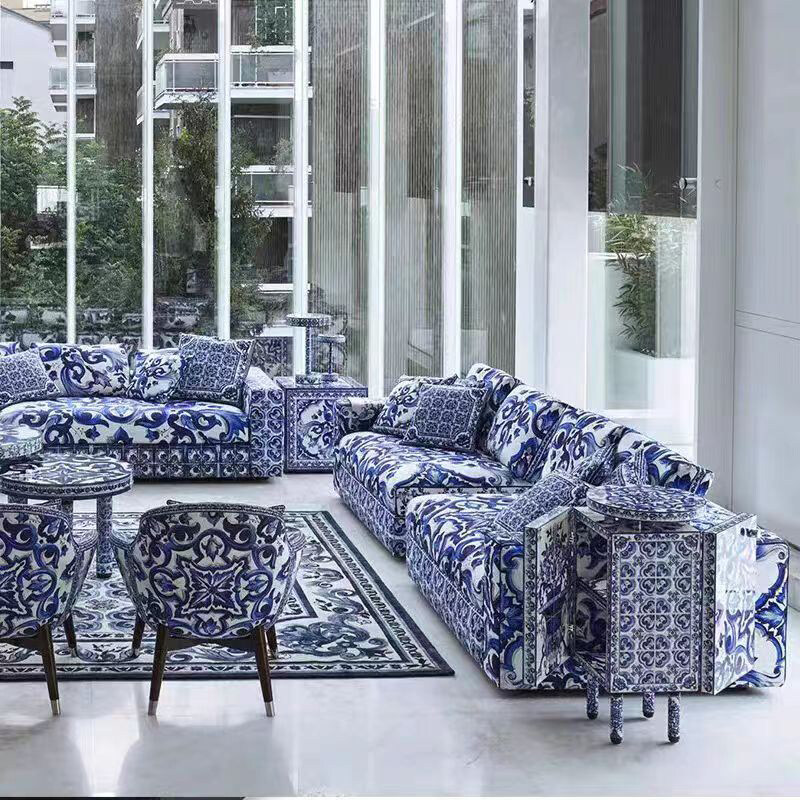 Italian light luxury blue and white porcelain fabric luxury three sofa