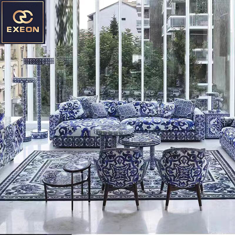 High-end Italian furniture blue and white porcelain fabric luxury sofa