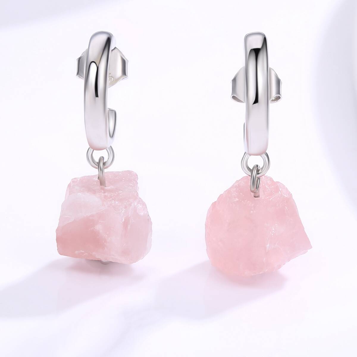 natural stone earring, rose quartz earrings, dangle hoop earrings