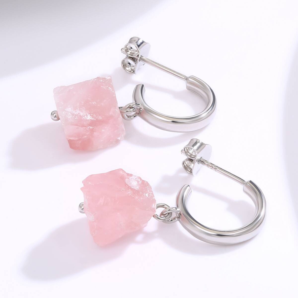 natural stone earring, rose quartz earrings, dangle hoop earrings