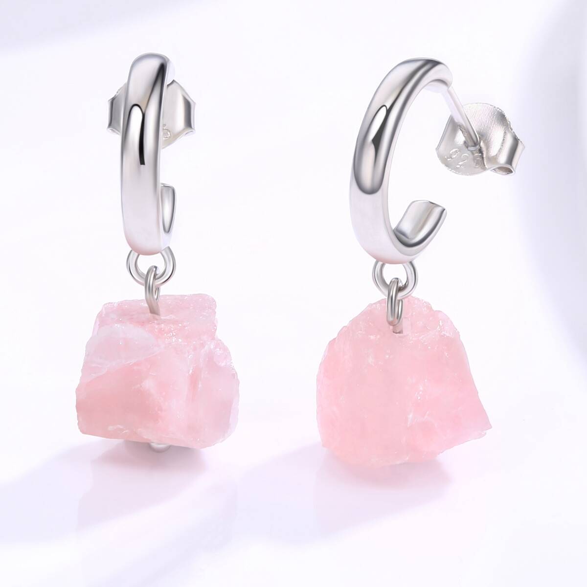 natural stone earring, rose quartz earrings, dangle hoop earrings