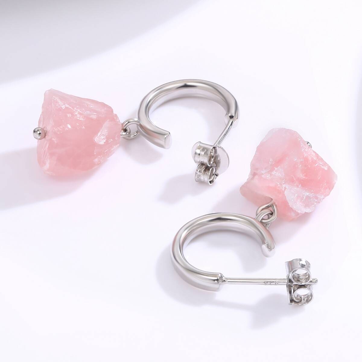 natural stone earring, rose quartz earrings, dangle hoop earrings