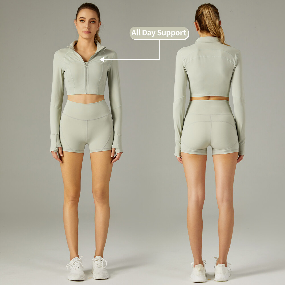 Yoga Wear Set Crop Zip Jacket Biker Shorts Custom Logo