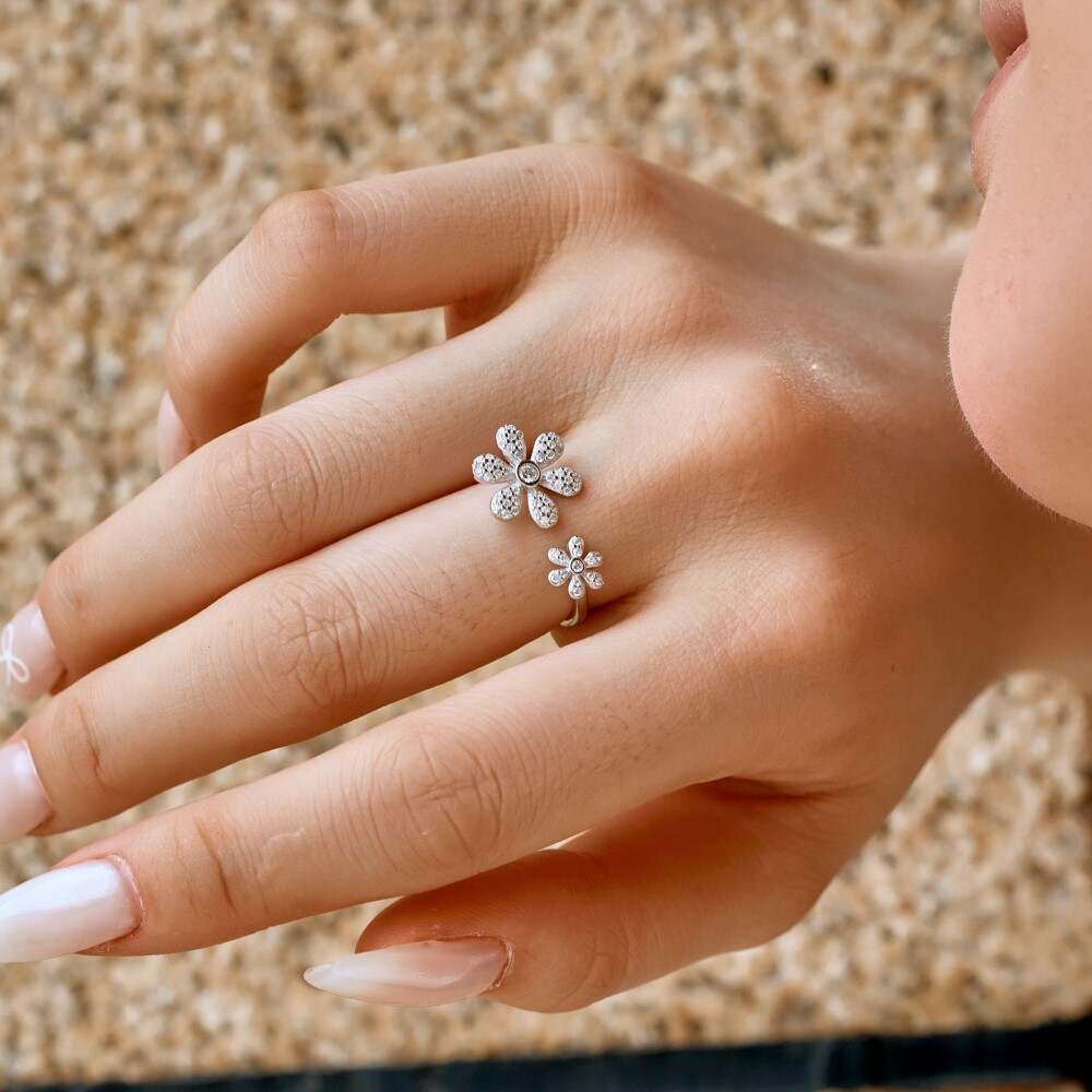 daisy flower rings, open rings, adjustable 925 silver rings