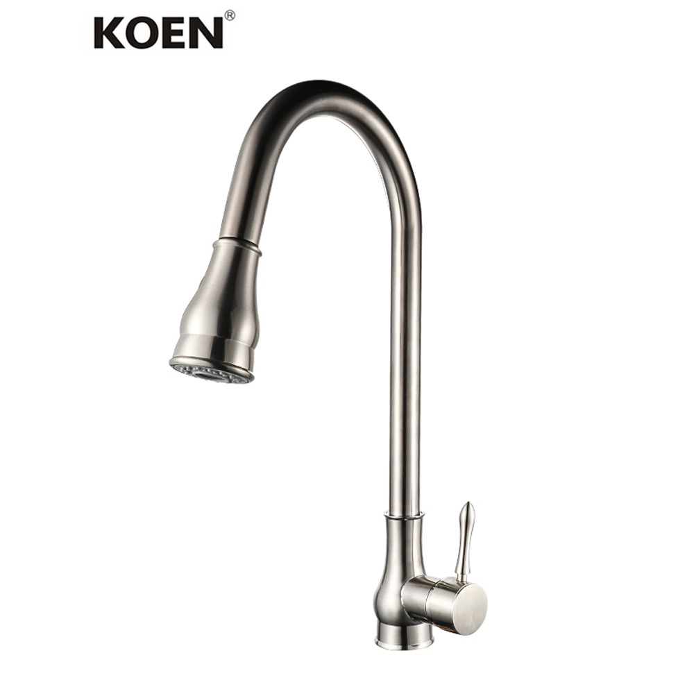 kitchen faucet with pull down sprayer finish brushed nickel  modern brass  deck mounted hot cold water mixer tap single handle