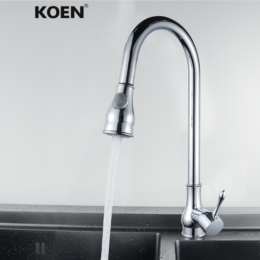 kitchen faucet with pull down sprayer finish brushed nickel  modern brass  deck mounted hot cold water mixer tap single handle