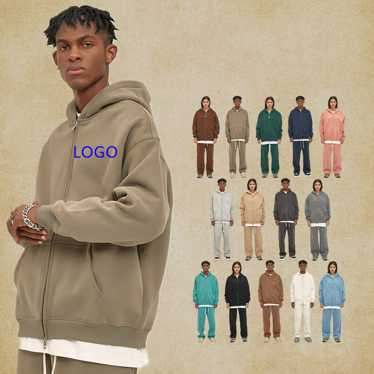 Solid Color Fleece Custom Logo Men Wide Let Sweatpants & Zip Up Hoodie Sets
