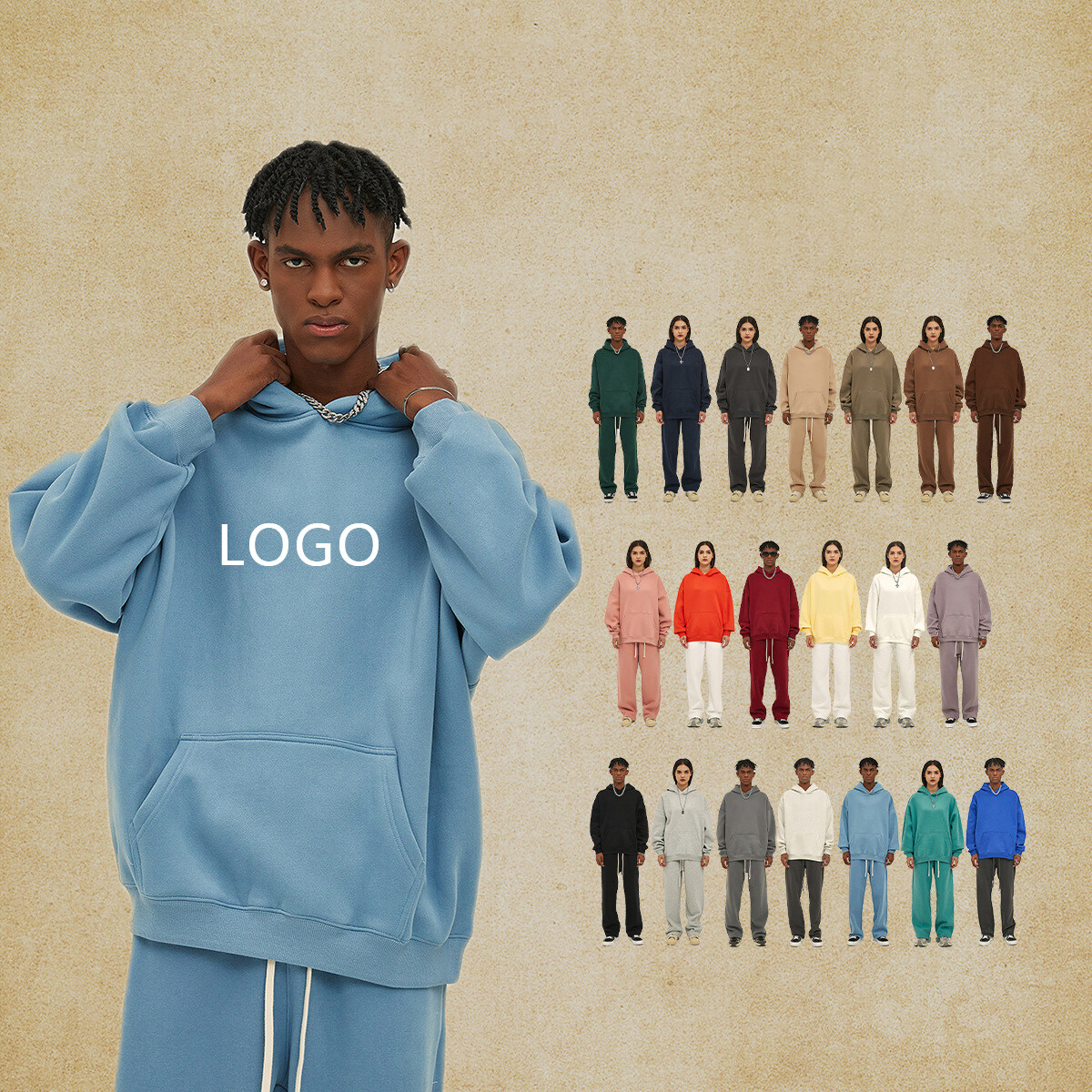 Solid Color Fleece Custom Logo Men Hoodie & Sweatpants Sets