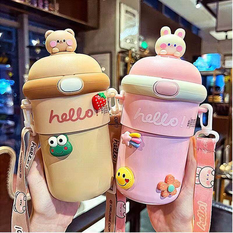 Hot selling 510ML Portable Thermos Cup Cute Rabbit Cartoon Glass Water Bottle Food Grade Drinking Drinking Cup With Straw