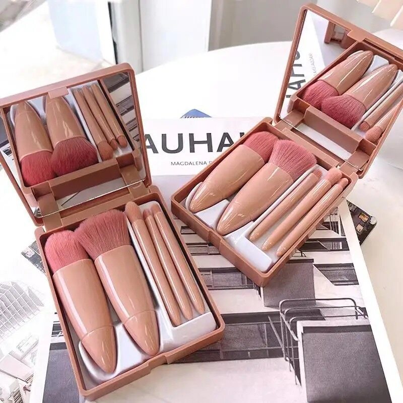 Hot Selling 5-Piece Mini Travel Suitcase Makeup Brush Set with Mirror Personalized Synthetic Mini Makeup Brush Set Professional
