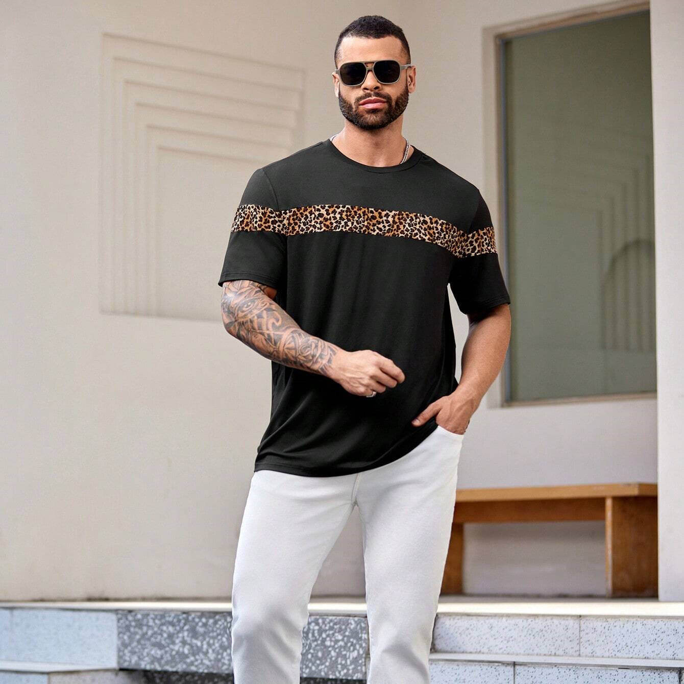 Manfinity Homme Men's Plus Size Knitted  Patchwork Short Sleeve T-Shirt