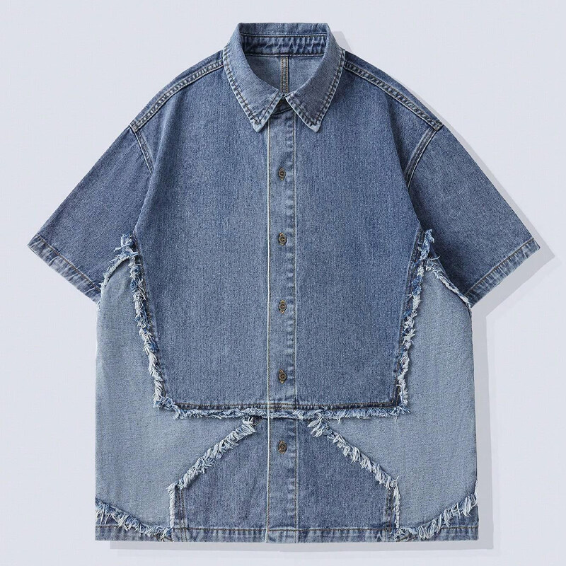 ROMWE Street Life Men's Frayed Short Sleeve Denim Shirt