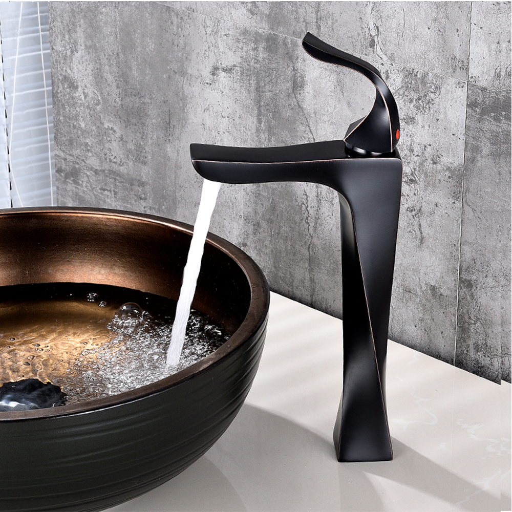 Unique Single Handle Lavatory Black High Brass Basin Faucet Cold and Hot Water Black Brushed Sink Tap Thermostatic Water Mixer