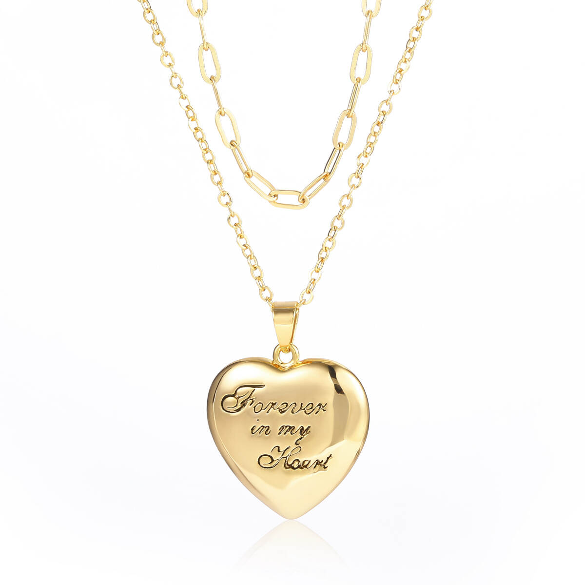 Paper Clip Chain Puffy Heart Pendant Necklace - Brass