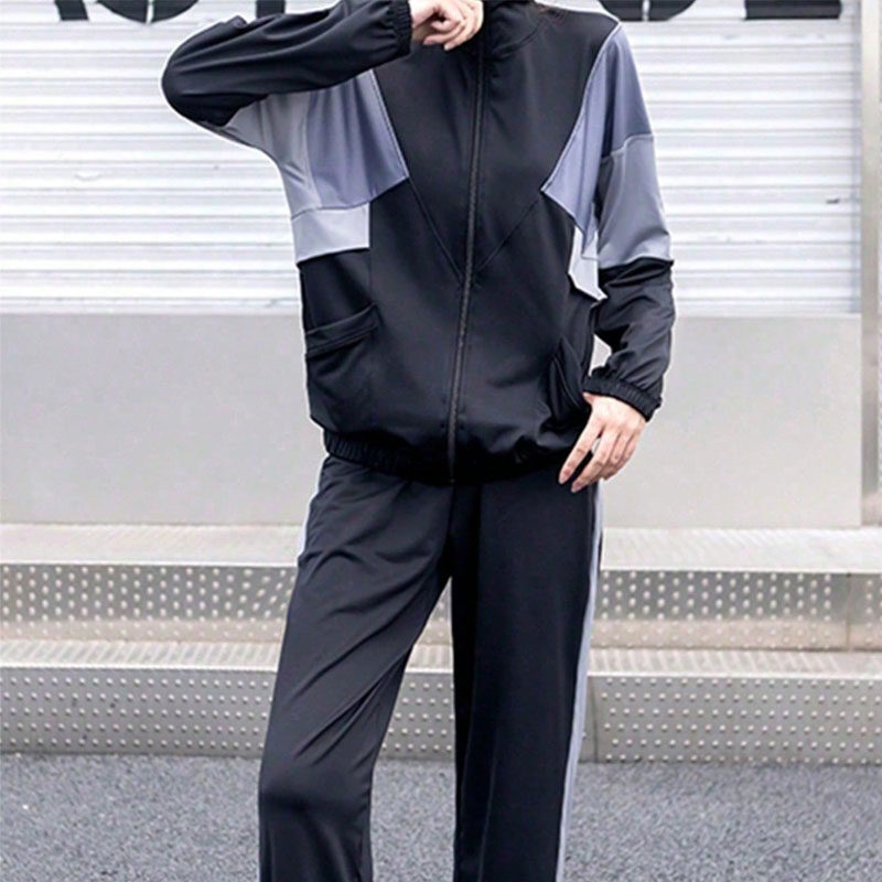 Outdoor Color Block Long Sleeve Stand Collar Top & Joggers Loose-Fit Sportswear Set