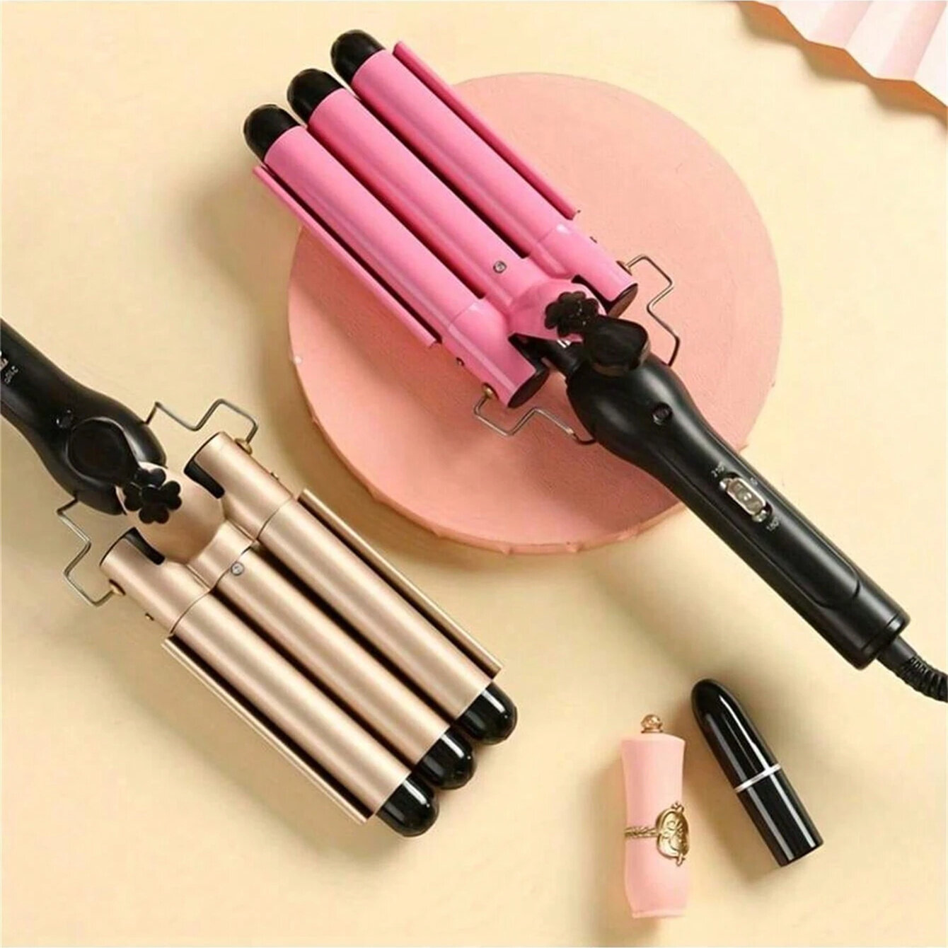 1pc Pink Electric Hair Curler - Featuring 3 Barrels