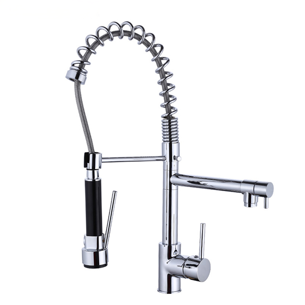 Bathroom Sink Faucet Wholesale Polished Chrome Spring Pull Down Flexible Kitchen Faucet with Two Spouts Hand Shower  Mixer Tap