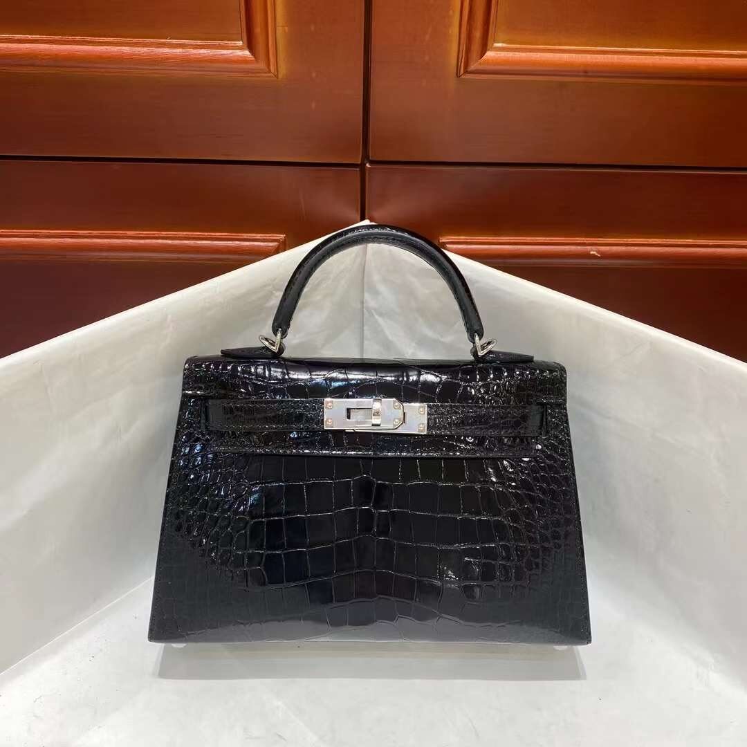 The second generation Mini Leather bag Luxury custom crocodile skin black silver buckle handbag for women