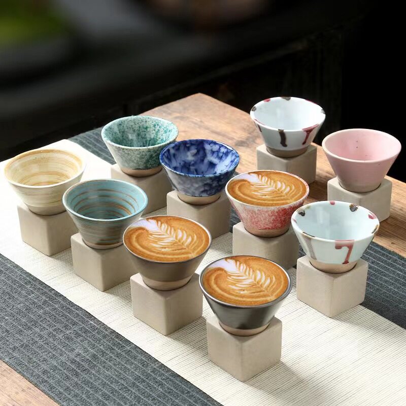 new design funnel shape tumbler water coffee cup and base retro Japanese stoneware coffee tea mug home office drinkware