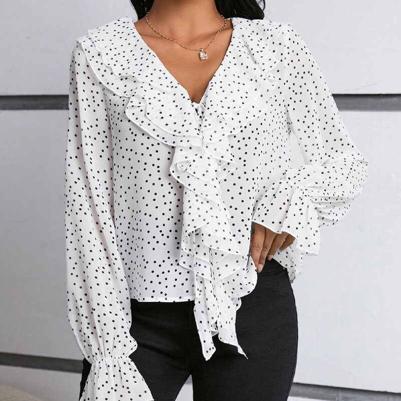 Privé Polka Dot Print Ruffle Trim Flounce Sleeve Blouse