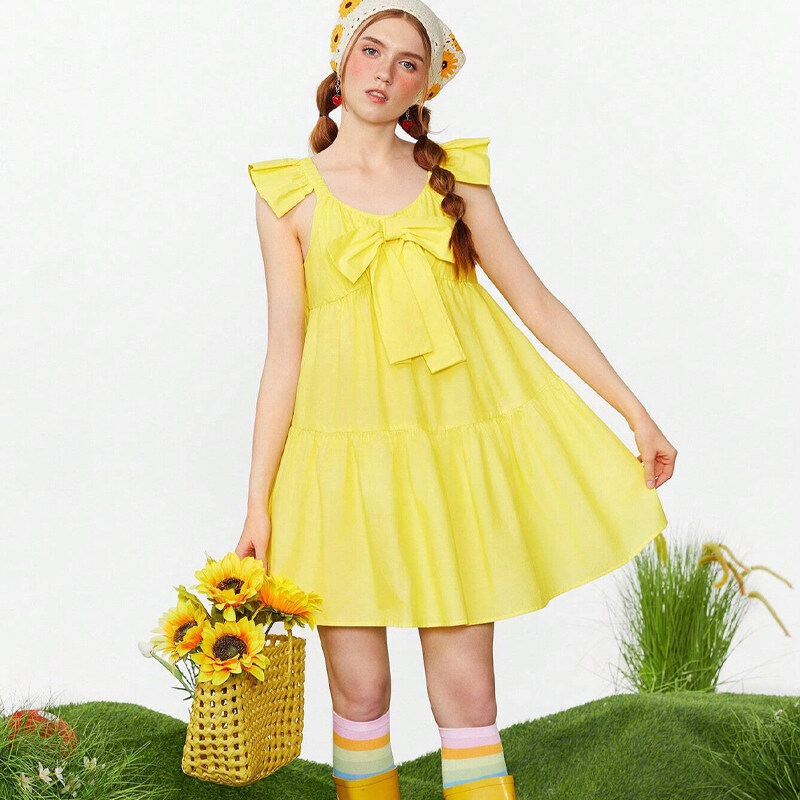 Women's Summer Short Yellow Dress With Bow