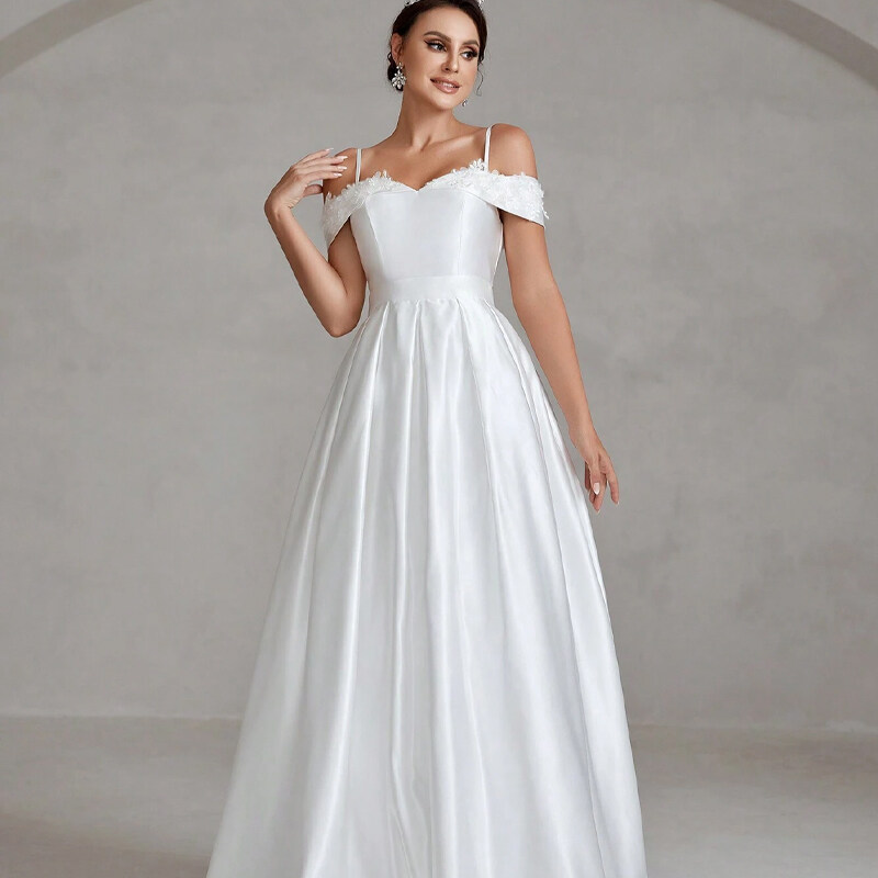 Cold Shoulder Zip Back Satin Wedding Dress