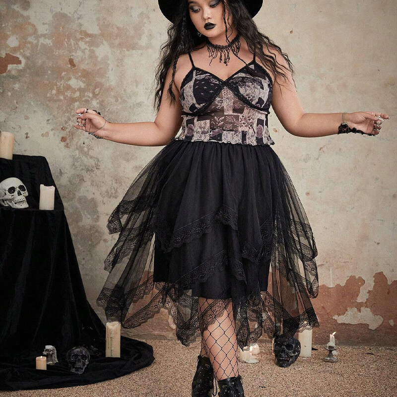 ROMWE Goth Plus Contrast Lace Mesh Overlay Skirt