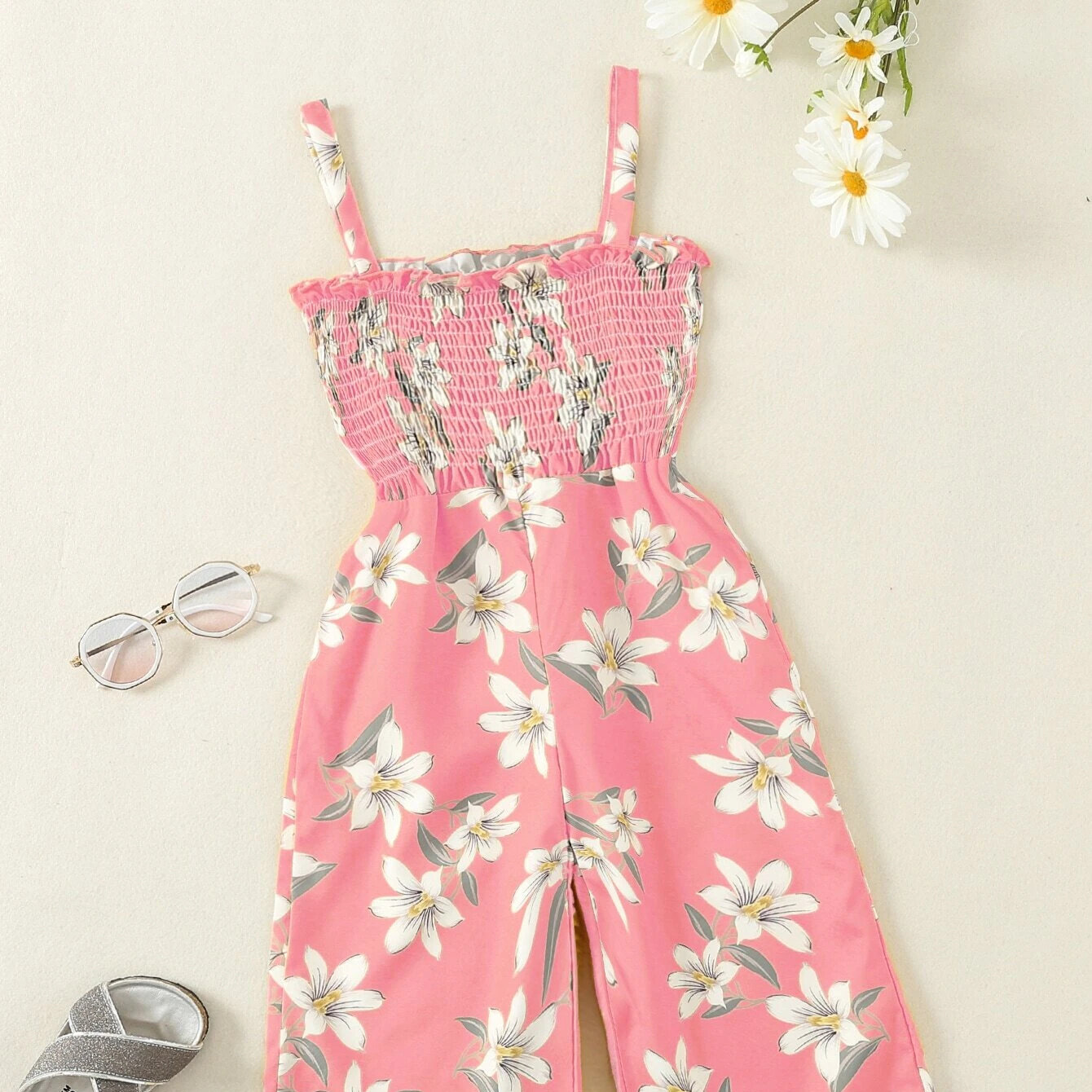 Young Girl Floral Print Frill Shirred Cami Jumpsuit